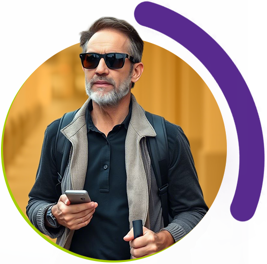 Homem segurando uma bengala e usando o app OpenMaps